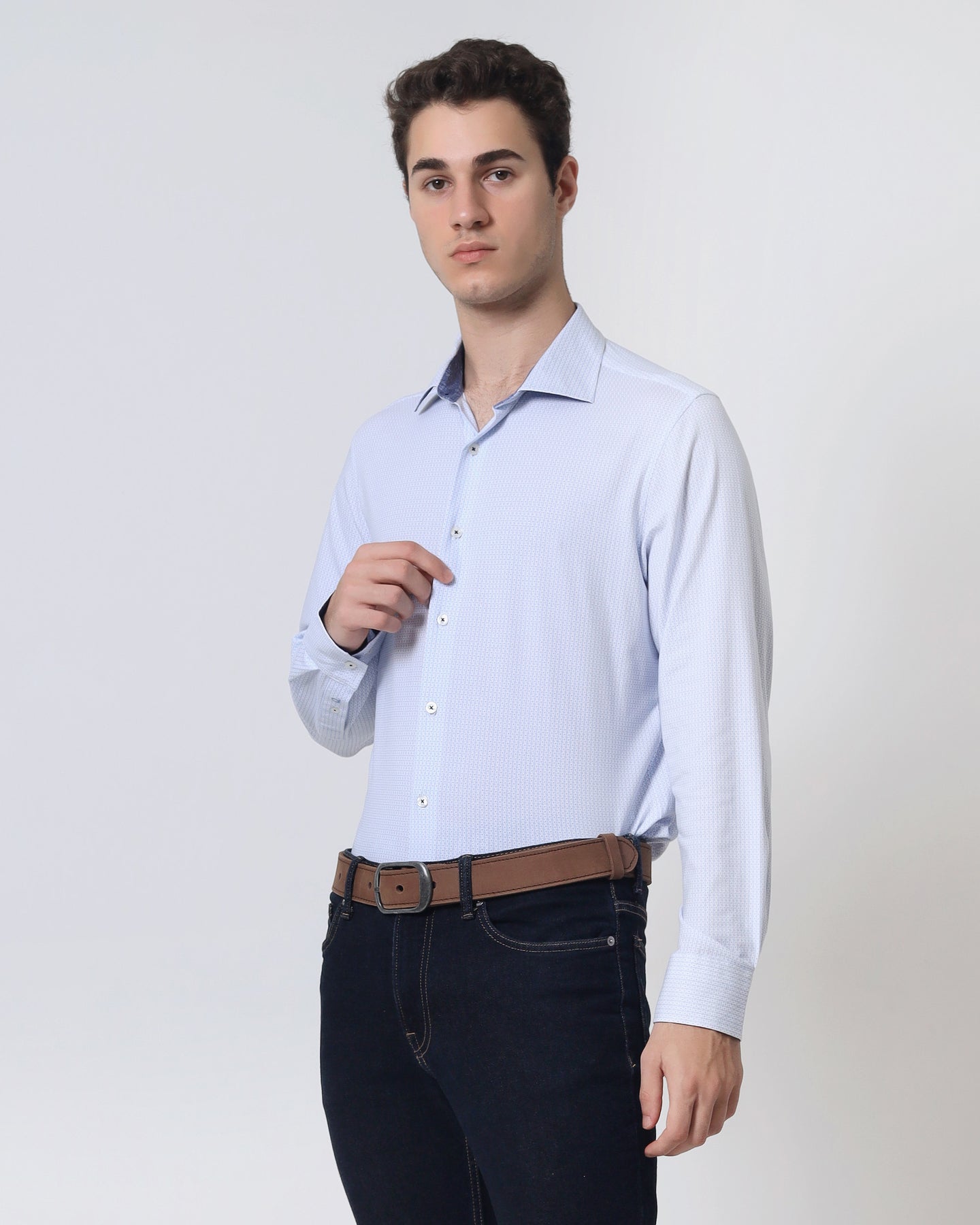 Quieti Modern Fit, Blue Geo Digital Print, Long Sleeve Knit Shirt in Woven style
